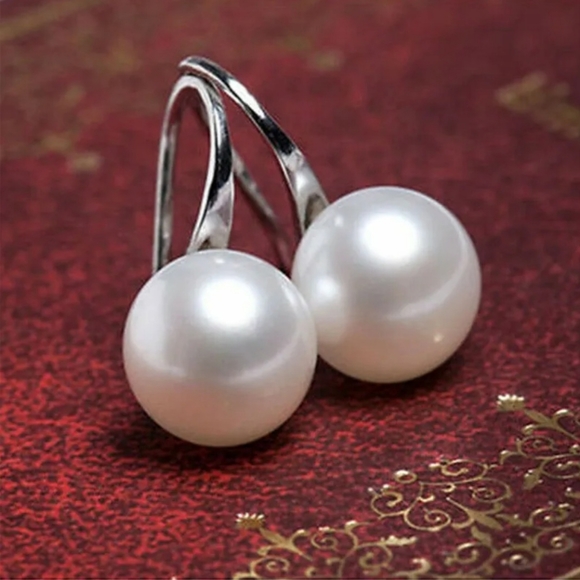 White Pearl Silver or Gold Elegant Luxury Sophisticated Dangly Hook Earrings - Picture 9 of 16